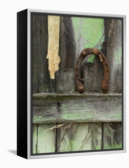 Rusty Horseshoe on Old Fence, Montana, USA-Nancy Rotenberg-Framed Premier Image Canvas