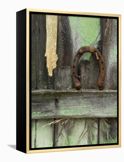 Rusty Horseshoe on Old Fence, Montana, USA-Nancy Rotenberg-Framed Premier Image Canvas