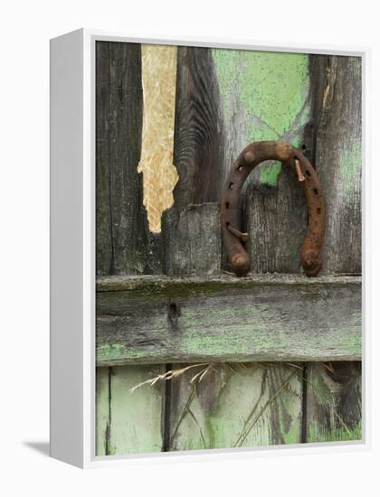 Rusty Horseshoe on Old Fence, Montana, USA-Nancy Rotenberg-Framed Premier Image Canvas