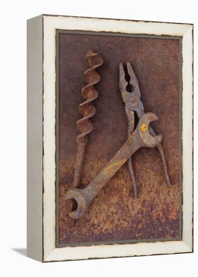 Rusty Old Double-headed Spanner Lying Next To Large Drill Bit And Rusty Pliers On Rusty Metal Sheet-Den Reader-Framed Premier Image Canvas