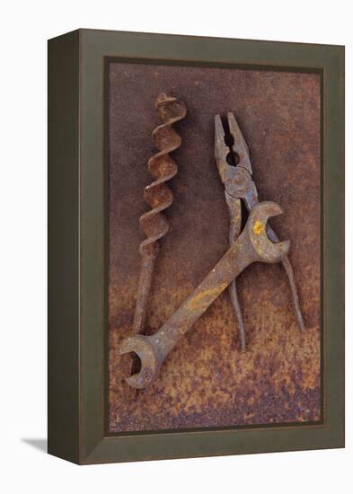 Rusty Old Double-headed Spanner Lying Next To Large Drill Bit And Rusty Pliers On Rusty Metal Sheet-Den Reader-Framed Premier Image Canvas