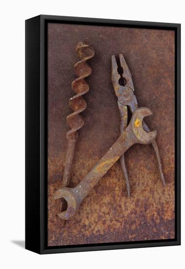 Rusty Old Double-headed Spanner Lying Next To Large Drill Bit And Rusty Pliers On Rusty Metal Sheet-Den Reader-Framed Premier Image Canvas