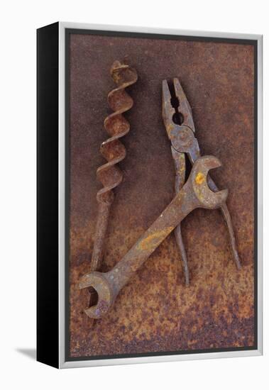 Rusty Old Double-headed Spanner Lying Next To Large Drill Bit And Rusty Pliers On Rusty Metal Sheet-Den Reader-Framed Premier Image Canvas