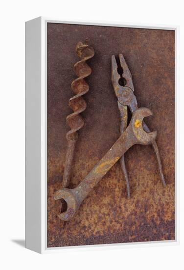 Rusty Old Double-headed Spanner Lying Next To Large Drill Bit And Rusty Pliers On Rusty Metal Sheet-Den Reader-Framed Premier Image Canvas