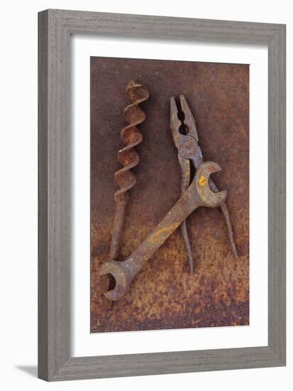 Rusty Old Double-headed Spanner Lying Next To Large Drill Bit And Rusty Pliers On Rusty Metal Sheet-Den Reader-Framed Photographic Print