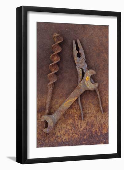 Rusty Old Double-headed Spanner Lying Next To Large Drill Bit And Rusty Pliers On Rusty Metal Sheet-Den Reader-Framed Photographic Print