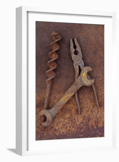 Rusty Old Double-headed Spanner Lying Next To Large Drill Bit And Rusty Pliers On Rusty Metal Sheet-Den Reader-Framed Photographic Print