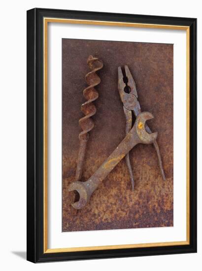 Rusty Old Double-headed Spanner Lying Next To Large Drill Bit And Rusty Pliers On Rusty Metal Sheet-Den Reader-Framed Photographic Print