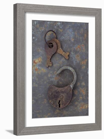 Rusty Padlock Lying On Rusty Metal Sheet with Pair of Rusted Keys On Ring-Den Reader-Framed Photographic Print