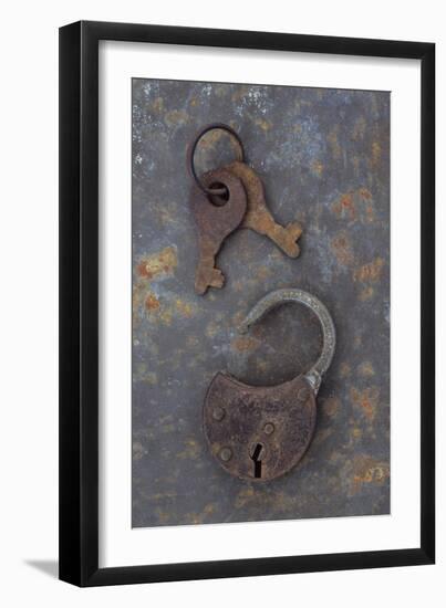 Rusty Padlock Lying On Rusty Metal Sheet with Pair of Rusted Keys On Ring-Den Reader-Framed Photographic Print