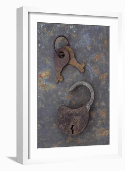 Rusty Padlock Lying On Rusty Metal Sheet with Pair of Rusted Keys On Ring-Den Reader-Framed Photographic Print