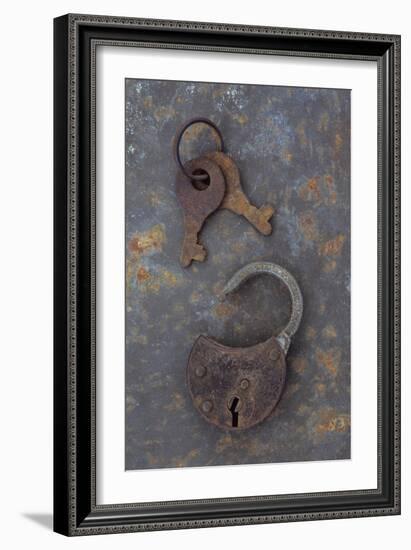 Rusty Padlock Lying On Rusty Metal Sheet with Pair of Rusted Keys On Ring-Den Reader-Framed Photographic Print