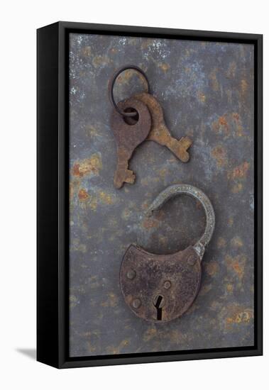 Rusty Padlock Lying On Rusty Metal Sheet with Pair of Rusted Keys On Ring-Den Reader-Framed Premier Image Canvas