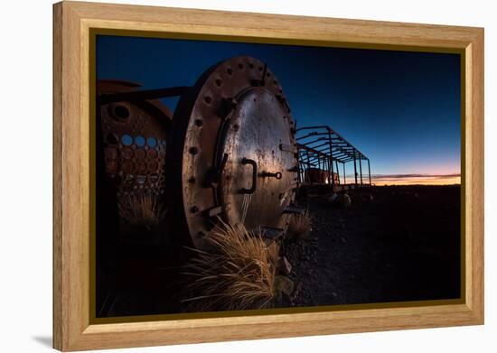 Rusty Train Relics in the Train Graveyard in Uyuni at Sunset-Alex Saberi-Framed Premier Image Canvas