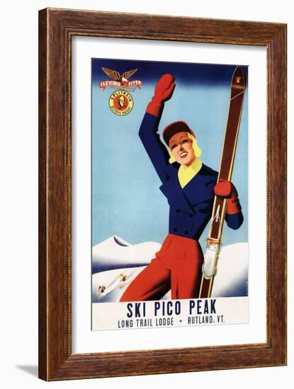 Rutland, Vermont - Flexible Flyer Pin-Up Skiing Girl Promotional Poster-Lantern Press-Framed Premium Giclee Print