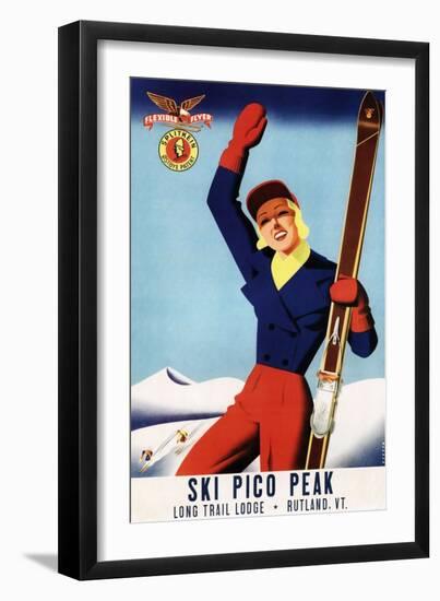 Rutland, Vermont - Flexible Flyer Pin-Up Skiing Girl Promotional Poster-Lantern Press-Framed Premium Giclee Print