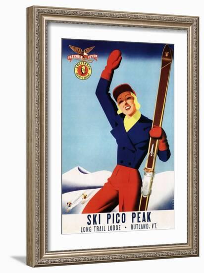 Rutland, Vermont - Flexible Flyer Pin-Up Skiing Girl Promotional Poster-Lantern Press-Framed Art Print