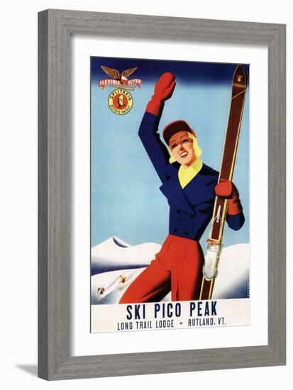 Rutland, Vermont - Flexible Flyer Pin-Up Skiing Girl Promotional Poster-Lantern Press-Framed Art Print