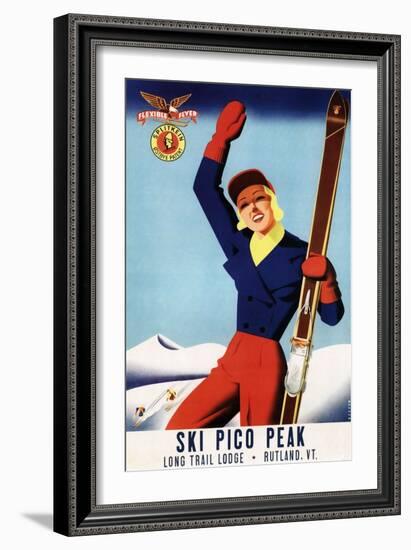 Rutland, Vermont - Flexible Flyer Pin-Up Skiing Girl Promotional Poster-Lantern Press-Framed Art Print