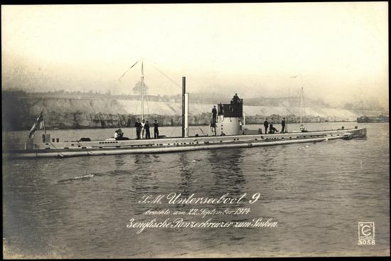 'S. M. Unterseeboot 9, Versenkte 1914 3 Panzerkreuzer' Giclee Print