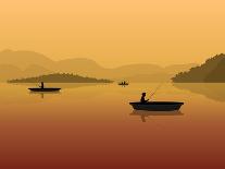 Silhouette of Fishermen in a Boat with Fishing Rods in the Water. Landscape with Mountains, Forest-S_Veresk-Stretched Canvas