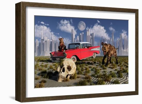 Sabre-Toothed Tigers Find a 1950's American Chevrolet and Signs of Civilization-null-Framed Art Print