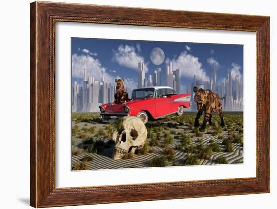 Sabre-Toothed Tigers Find a 1950's American Chevrolet and Signs of Civilization-null-Framed Art Print