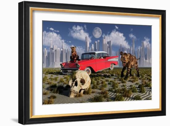 Sabre-Toothed Tigers Find a 1950's American Chevrolet and Signs of Civilization-null-Framed Art Print