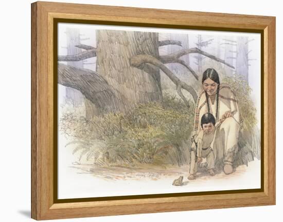 Sacagawea and Her Son are Kneeling Down, Looking at a Large Frog or Toad-Roger Cooke-Framed Premier Image Canvas