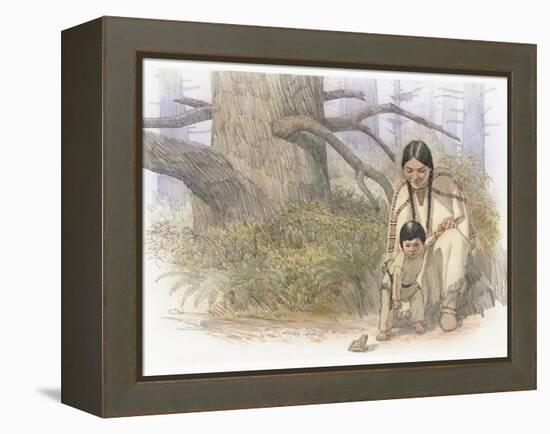 Sacagawea and Her Son are Kneeling Down, Looking at a Large Frog or Toad-Roger Cooke-Framed Premier Image Canvas