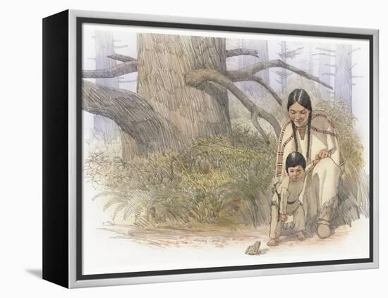 Sacagawea and Her Son are Kneeling Down, Looking at a Large Frog or Toad-Roger Cooke-Framed Premier Image Canvas
