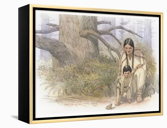 Sacagawea and Her Son are Kneeling Down, Looking at a Large Frog or Toad-Roger Cooke-Framed Premier Image Canvas