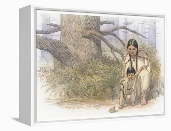 Sacagawea and Her Son are Kneeling Down, Looking at a Large Frog or Toad-Roger Cooke-Framed Premier Image Canvas