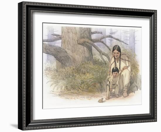 Sacagawea and Her Son are Kneeling Down, Looking at a Large Frog or Toad-Roger Cooke-Framed Giclee Print