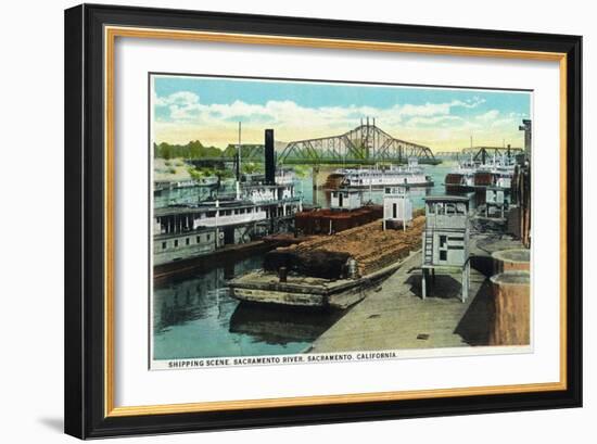 Sacramento, California - Sacramento River Shipping Scene-Lantern Press-Framed Art Print
