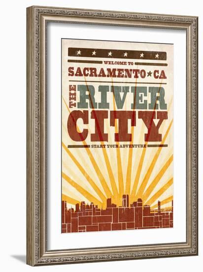 Sacramento, California - Skyline and Sunburst Screenprint Style-Lantern Press-Framed Art Print