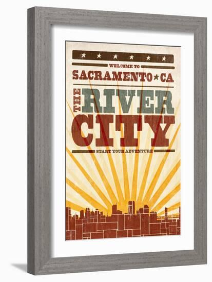 Sacramento, California - Skyline and Sunburst Screenprint Style-Lantern Press-Framed Art Print