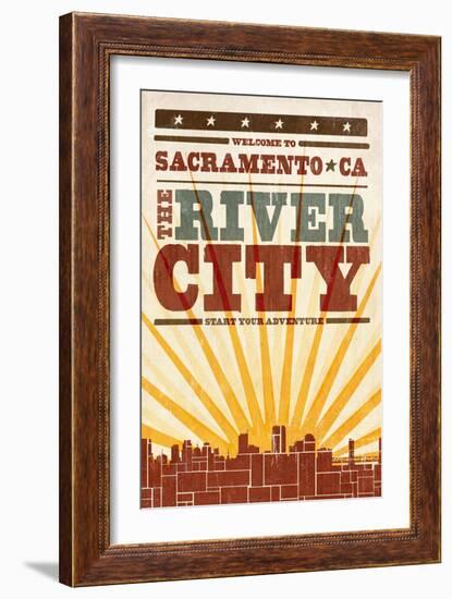 Sacramento, California - Skyline and Sunburst Screenprint Style-Lantern Press-Framed Art Print