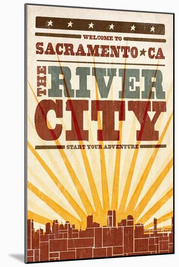 Sacramento, California - Skyline and Sunburst Screenprint Style-Lantern Press-Mounted Art Print