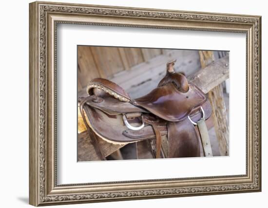 Saddle resting on the railing, Tucson, Arizona, USA.-Julien McRoberts-Framed Photographic Print