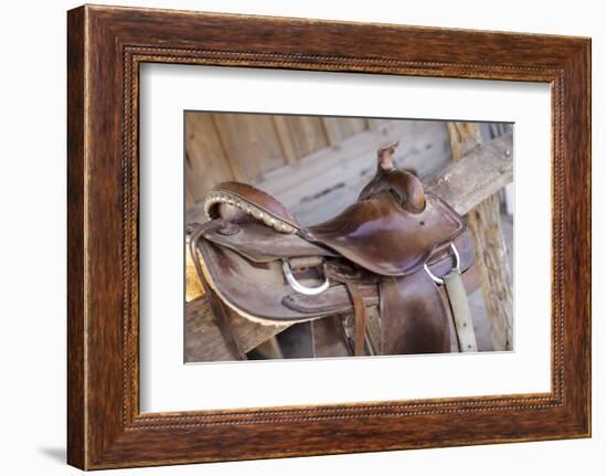 Saddle resting on the railing, Tucson, Arizona, USA.-Julien McRoberts-Framed Photographic Print