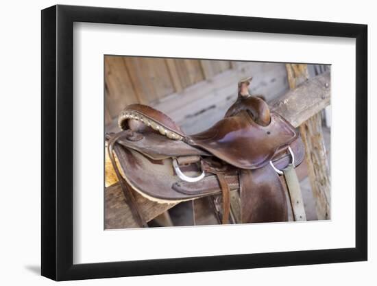 Saddle resting on the railing, Tucson, Arizona, USA.-Julien McRoberts-Framed Photographic Print