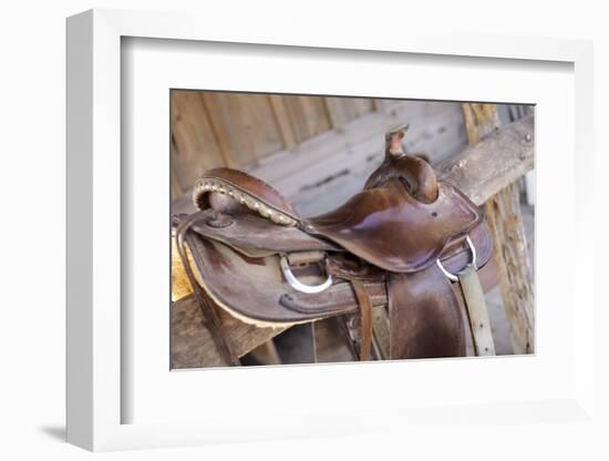 Saddle resting on the railing, Tucson, Arizona, USA.-Julien McRoberts-Framed Photographic Print