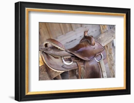 Saddle resting on the railing, Tucson, Arizona, USA.-Julien McRoberts-Framed Photographic Print