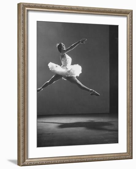 Sadler Wells Prima Ballerina Margot Fonteyn Leaping Into Air in Performance of "Sleeping Beauty"-Gjon Mili-Framed Premium Photographic Print