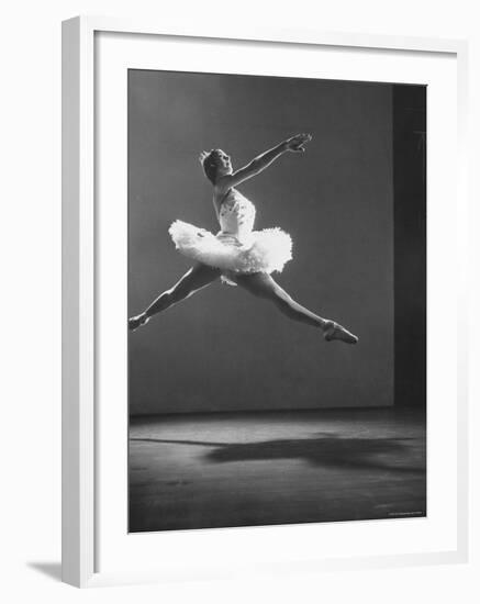 Sadler Wells Prima Ballerina Margot Fonteyn Leaping Into Air in Performance of "Sleeping Beauty"-Gjon Mili-Framed Premium Photographic Print