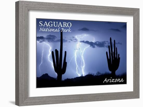 Saguaro National Park, Arizona - Lightning at Night-Lantern Press-Framed Art Print