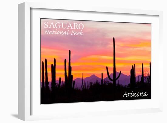 Saguaro National Park, Arizona - Orange and Pink Sunset-Lantern Press-Framed Art Print