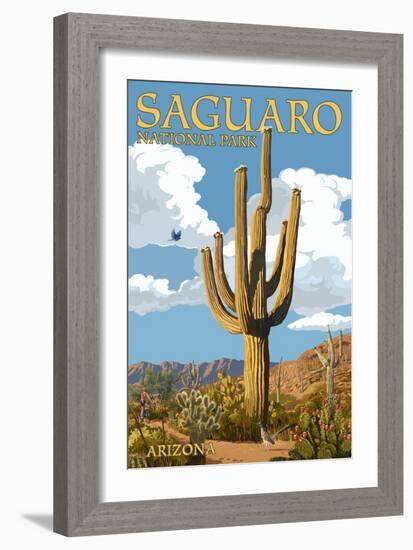 Saguaro National Park, Arizona - Roadrunner and Trail-Lantern Press-Framed Premium Giclee Print