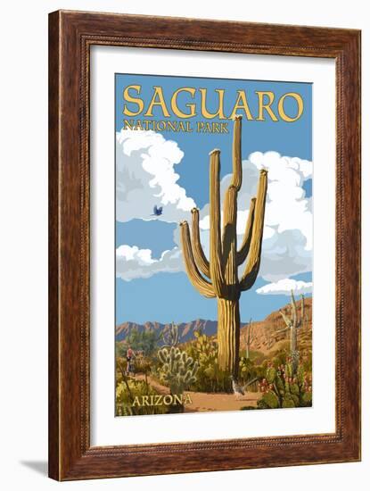 Saguaro National Park, Arizona - Roadrunner and Trail-Lantern Press-Framed Premium Giclee Print